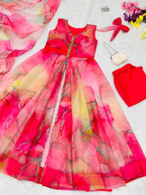 Abstract front slit with pants anarkali in bright red - readymade