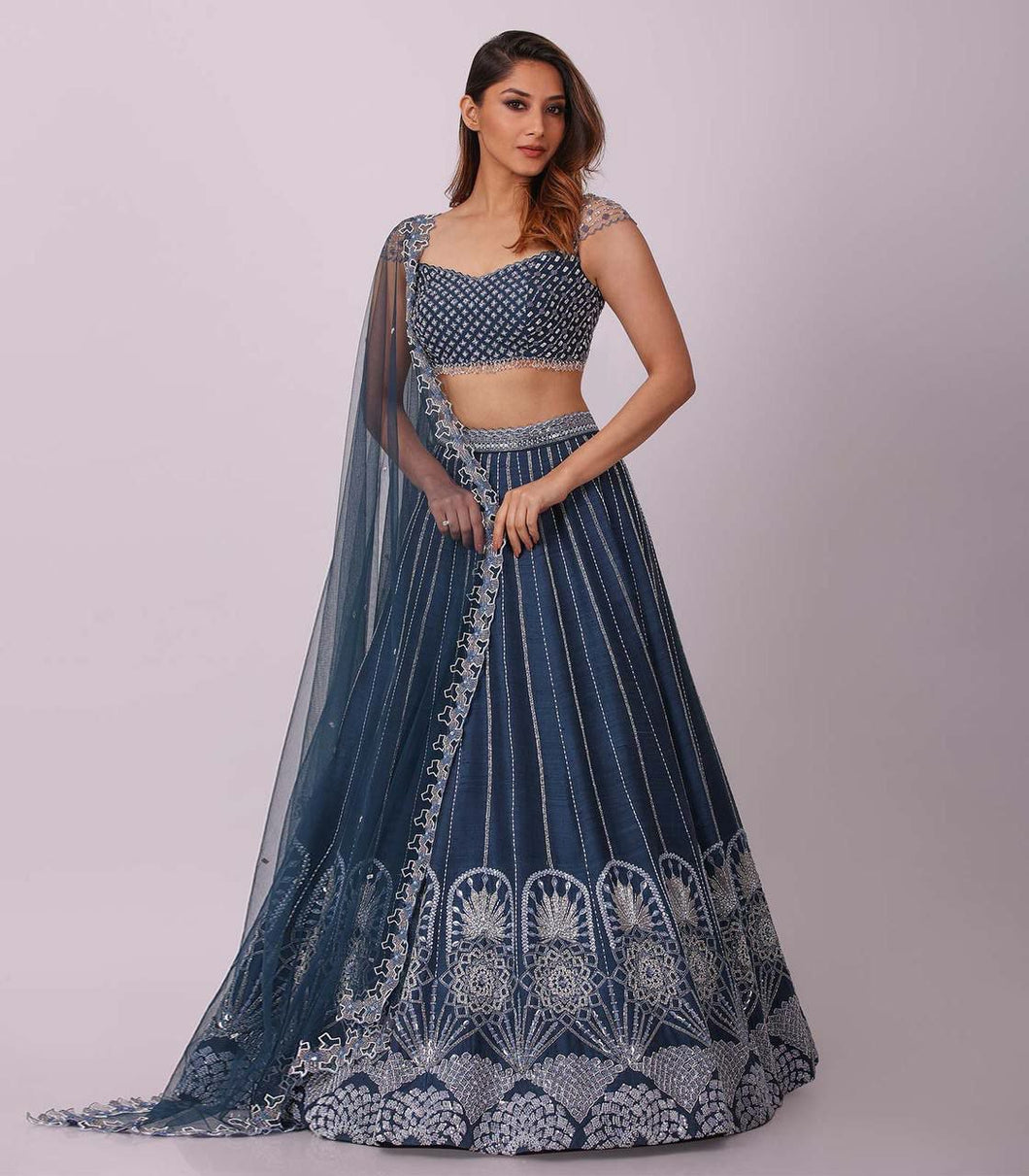 Steel blue Rangoon silk Lehenga with rainbow sequins