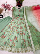 Mint green and red toned florals readymade anarkali