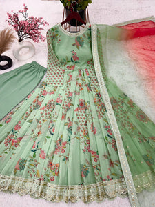 Mint green and red toned florals readymade anarkali