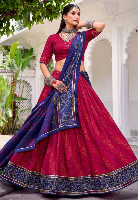 Tussar silk bandhej print Lehenga in magenta (skirt stitched)