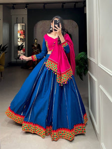 Blue and pink pure cotton readymade Lehenga