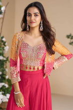 Chinon pink and yellow bandhani print short jacket palazzo set