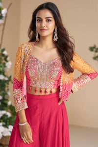 Chinon pink and yellow bandhani print short jacket palazzo set