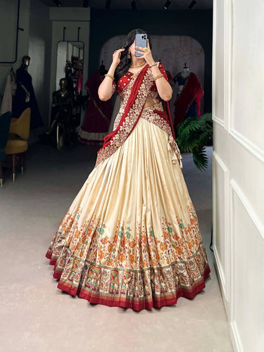 Tussar silk traditional Lehenga multi floral border in off white (skirt stitched)