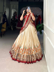 Tussar silk traditional Lehenga multi floral border in off white (skirt stitched)