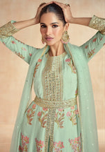 Mint green center slit floral silk anarkali