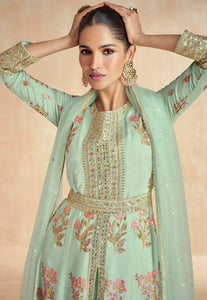 Mint green center slit floral silk anarkali