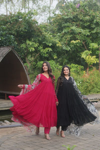 Alia cut readymade 4 layer salwaar kameez in rani/black and wine