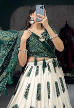 Tussar silk Lehenga bandhej print in green