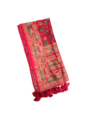 Red elephant print silk dupatta with tassels