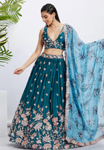 Teal floral embroidered Lehenga with floral dupatta