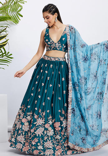 Teal floral embroidered Lehenga with floral dupatta