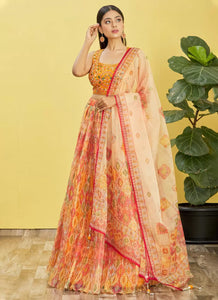Orange and yellow organza digital print lehenga