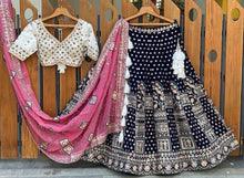 Contrasting colours of chinon silk Lehenga