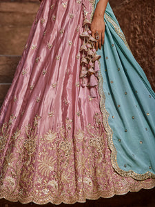 Pink satin silk Lehenga with contrasting dupatta