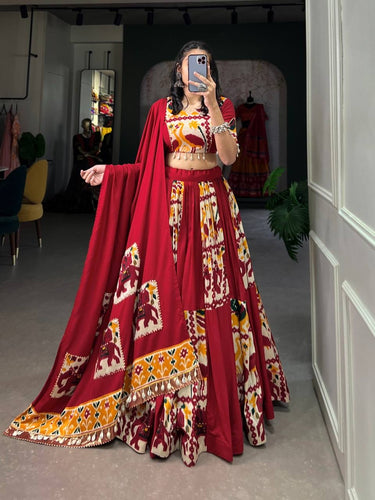 Rayon and printed silk Lehenga choli in red and mustard - readymade