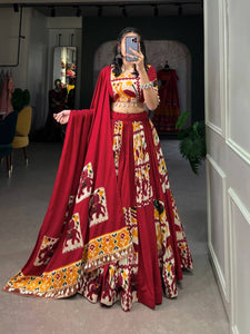 Rayon and printed silk Lehenga choli in red and mustard - readymade