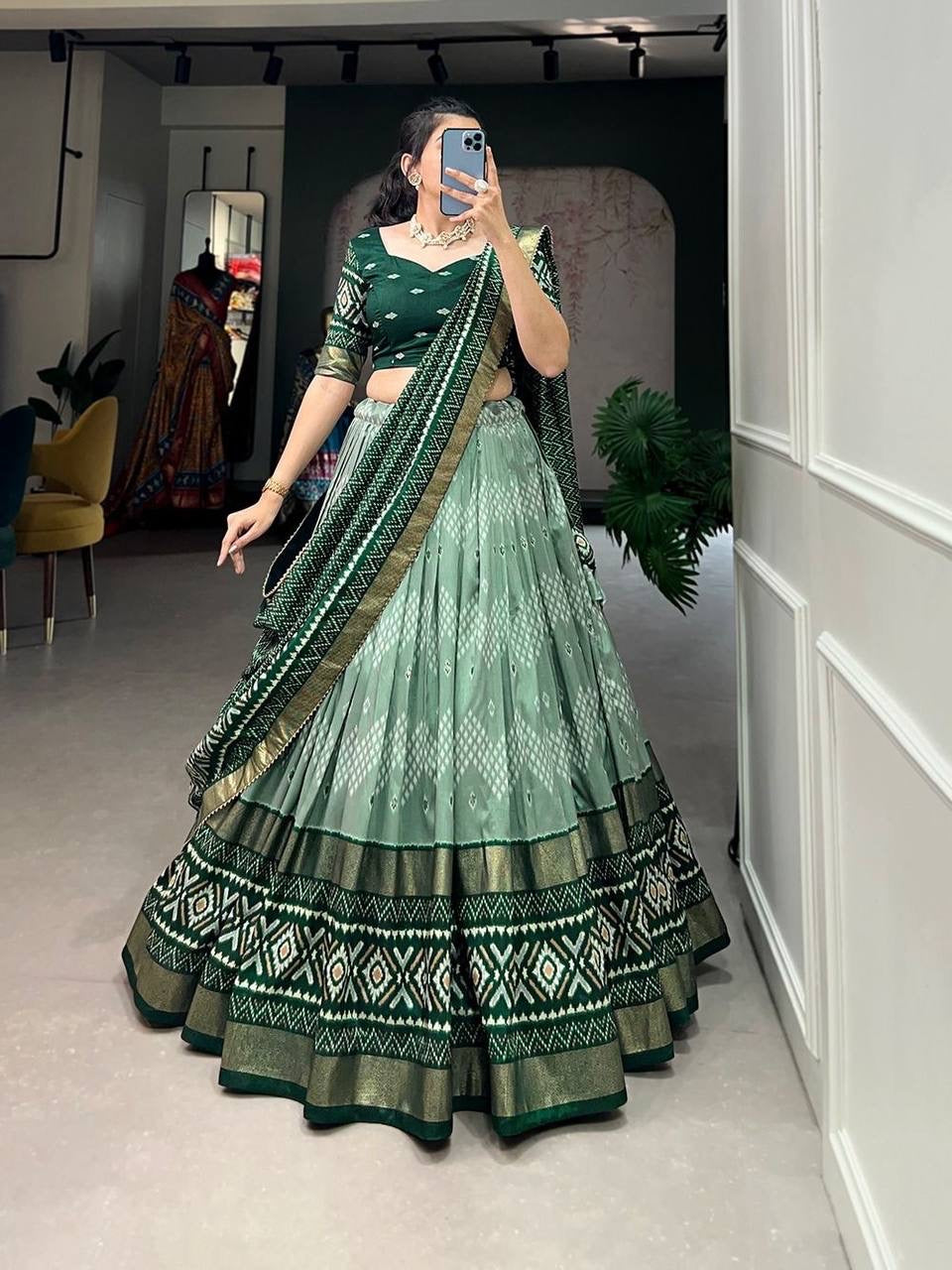 Tussar silk light shades Lehenga - green (skirt stitched)