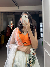 Indo western style - White zari satin digital print Lehenga (orange blouse piece)