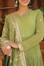 Pastel 5 layer gowns with sequinned dupatta in parrot green