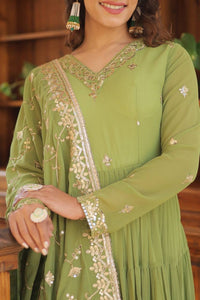 Pastel 5 layer gowns with sequinned dupatta in parrot green