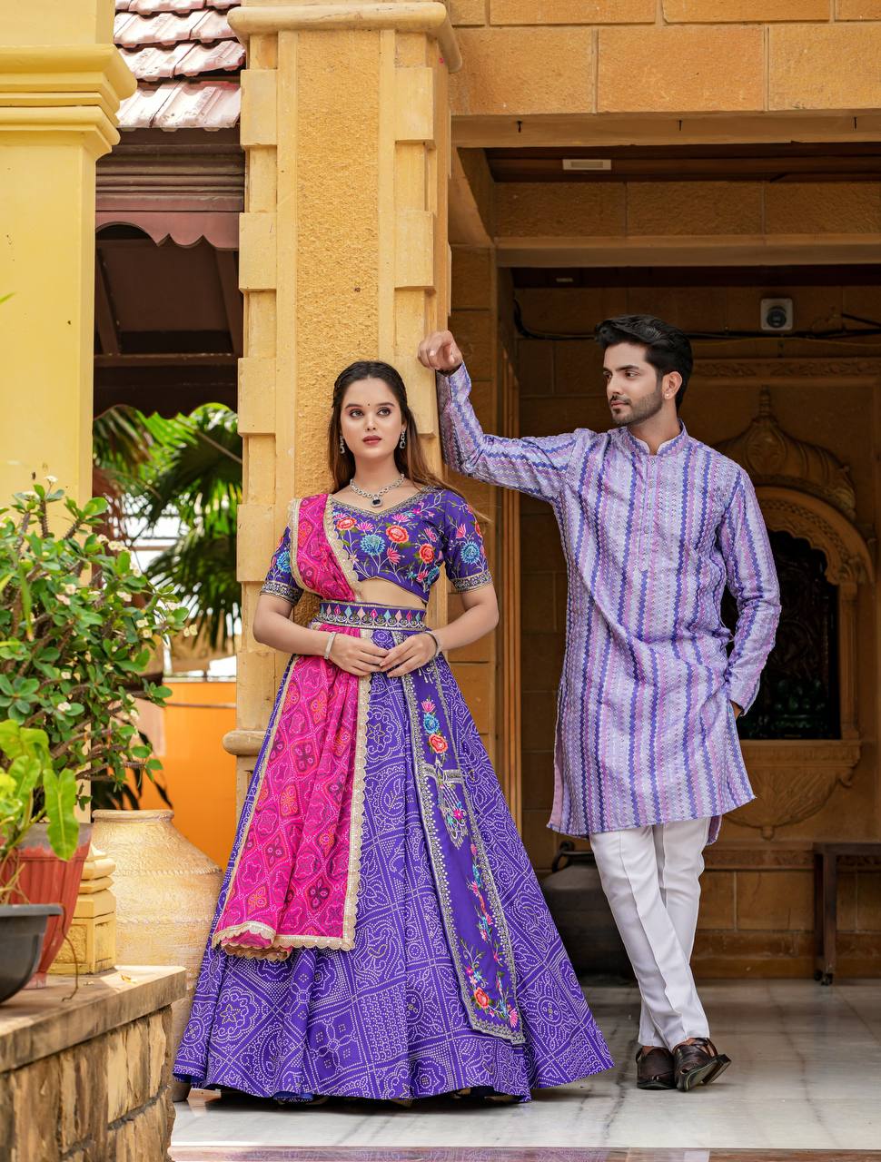 Purple traditional bandhani print readymade Lehenga (matching men’s kurta available)