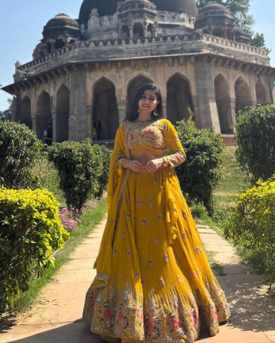 Yellow georgette floral embroidered Lehenga
