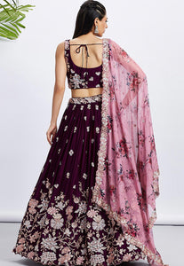 Wine floral embroidered Lehenga with floral dupatta