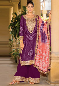 Purple chinon palazzo suit bandhani print (plus size too up to 48”) (gurudwara wedding)