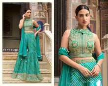 Green leheriya embroidered halter sharara (longer blouse)