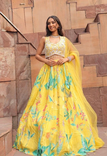 Yellow floral pearl embroidered Lehenga