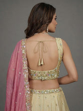 Beige and contrasting pink dupatta lehenga