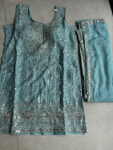 Pastel collection - Aqua blue chine sequins mirror look embroidered sharara set (plus size)