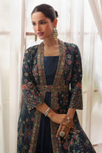 Navy blue gown with jacket and belt