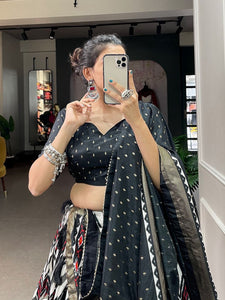 Tussar silk lehengas chevron leheriya style (skirt stitched) - black