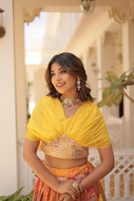 Indo western style Russian silk readymade Lehenga in yellow