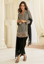 Black embroidered crepe silk suit