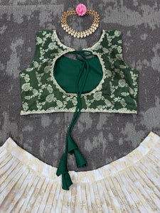 Green and off white jacquard Lehenga