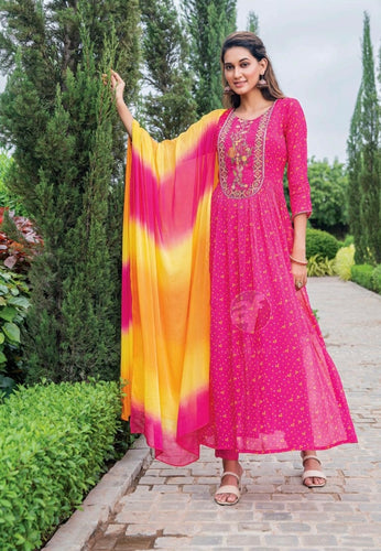 Bandhani chiffon salwaar kameez - readymade in pink (plus size too)