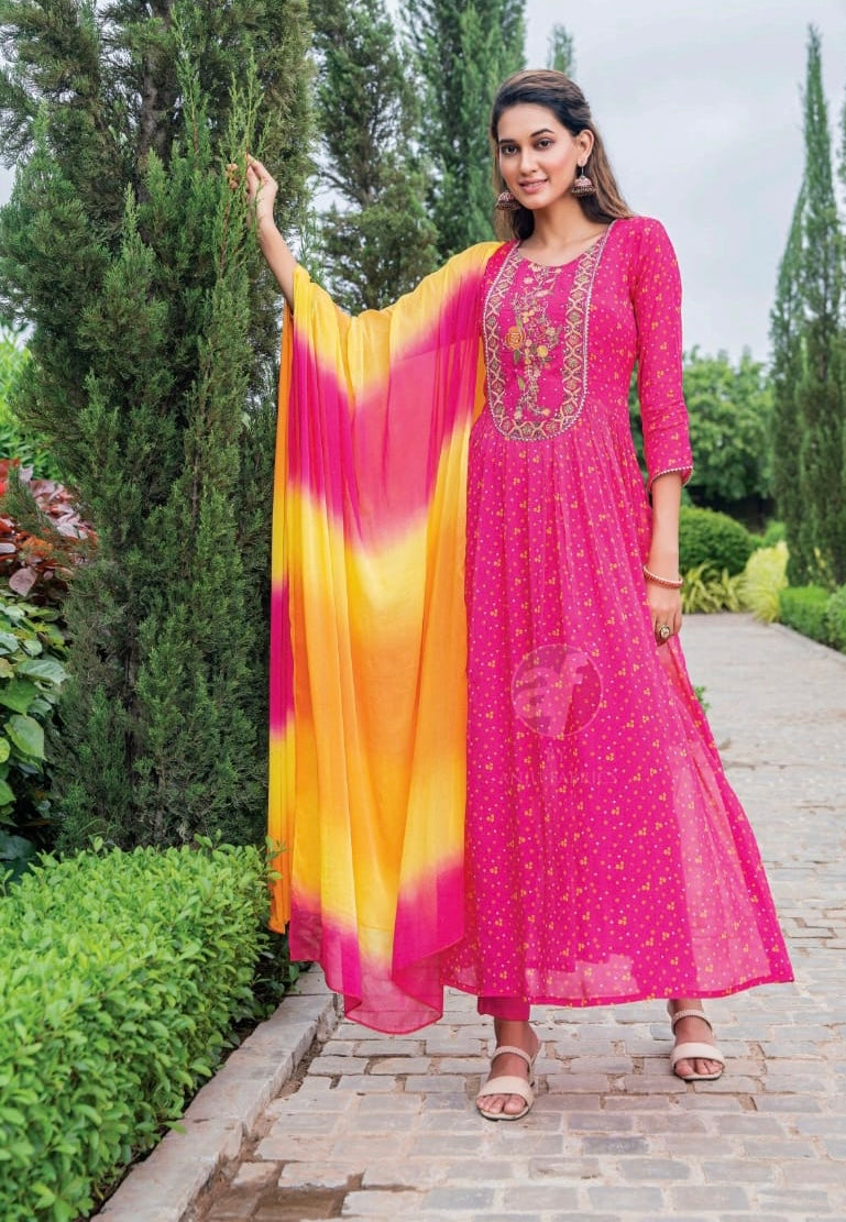 Bandhani chiffon salwaar kameez - readymade in pink (plus size too)