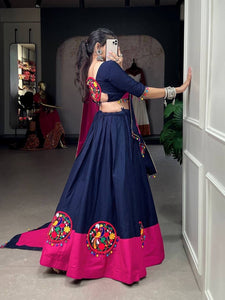 Navy blue and pink gamthi work pure cotton readymade Lehenga