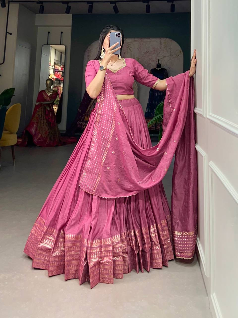 Grace and beauty Chanderi silk plain Lehenga in pink (skirt stitched)