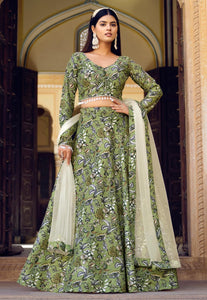 Pista green floral silk Lehenga (skirt stitched)