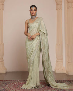 Mint green mirror work platinum crush saree