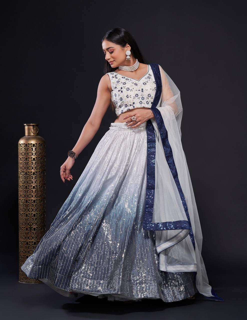 Blue, grey and white ombre sequinned Lehenga