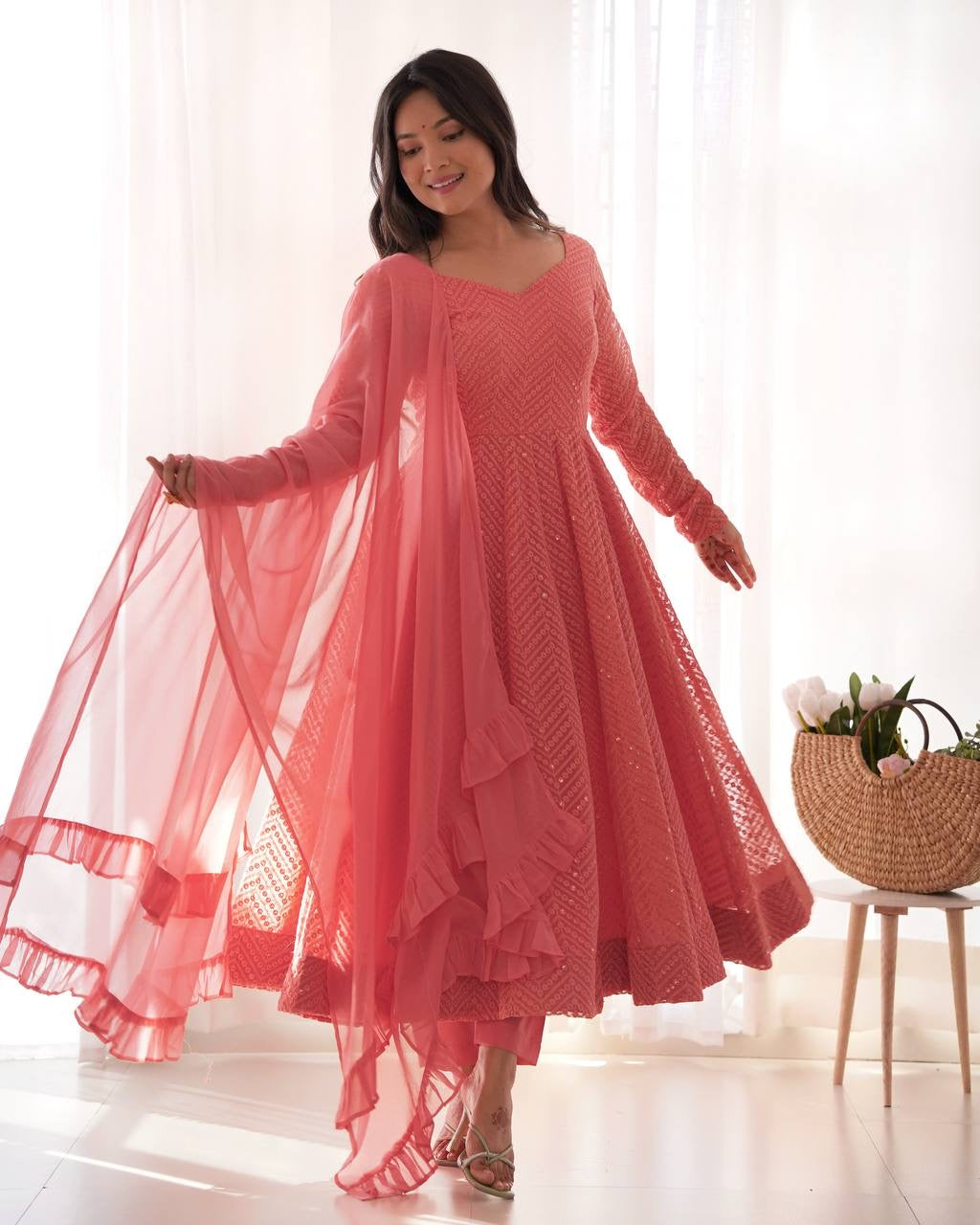 Peach Kali pattern sequinned anarkali