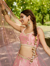 Pink and gold chinnon embroidered Lehenga