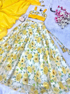 Yellow floral Lehenga lightweight and readymade (Small size with margin)