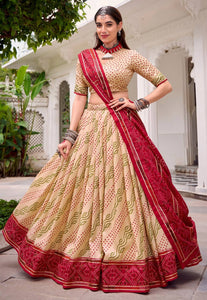 Tussar silk bandhej print Lehenga in beige (skirt stitched)